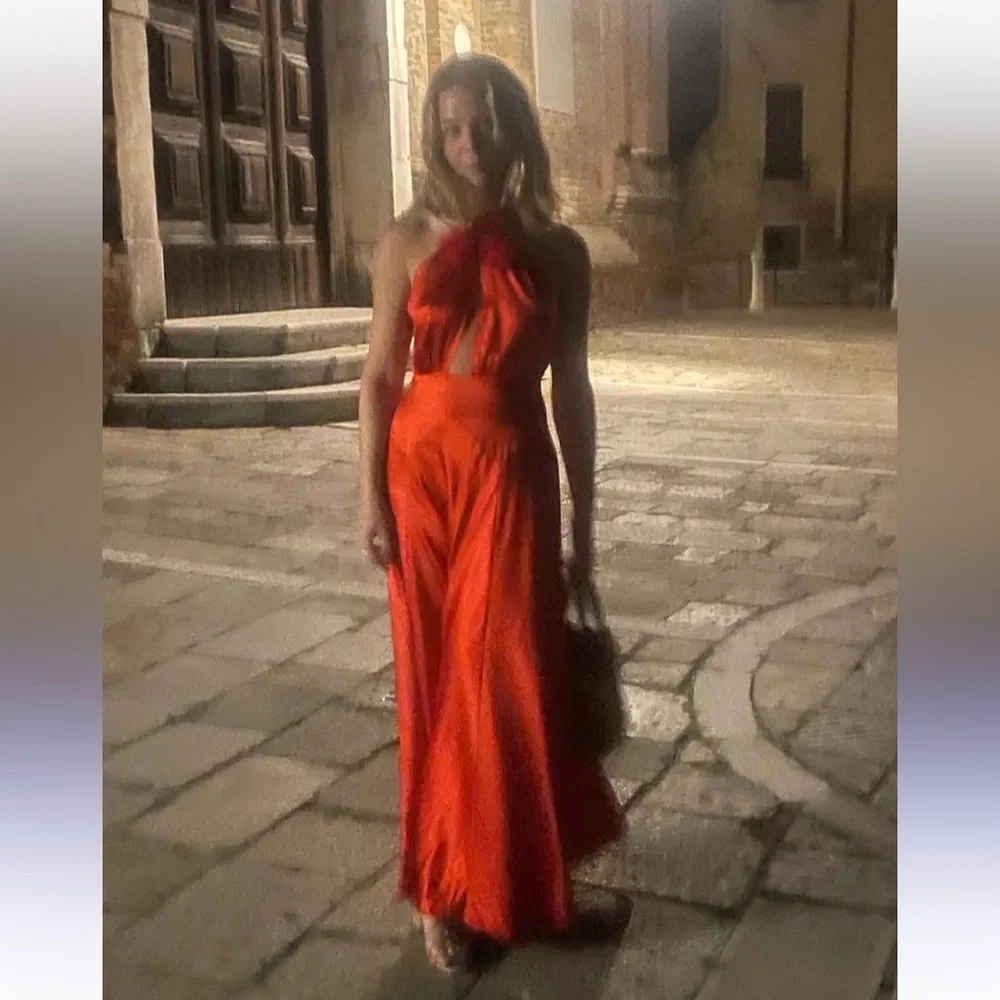 NWT Doen Lilaia Silk Rosette Rose Halter Maxi Dress Gown Fiery Coral Red - Picture 6 of 16